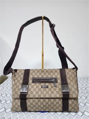 Authentic GUCCI GG Plus Monogram Double Buckle Flap Messenger Bag Beige/Brown